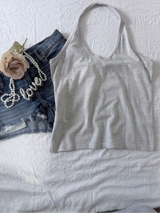 Topshop Tops - Topshop Light Heather Grey Fitted Halter Top.